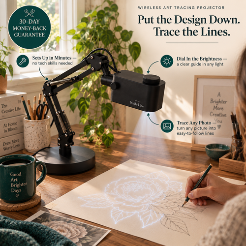 Inside Line tracing projector on an adjustable arm projecting a flower design onto paper while a hand traces the lines