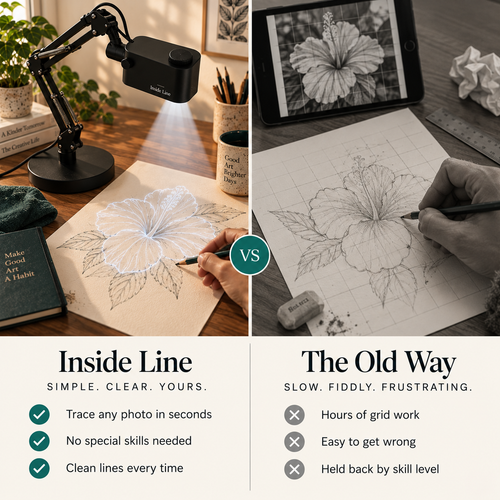 Side-by-side comparison of tracing with the Inside Line projector versus drawing a flower with the grid method